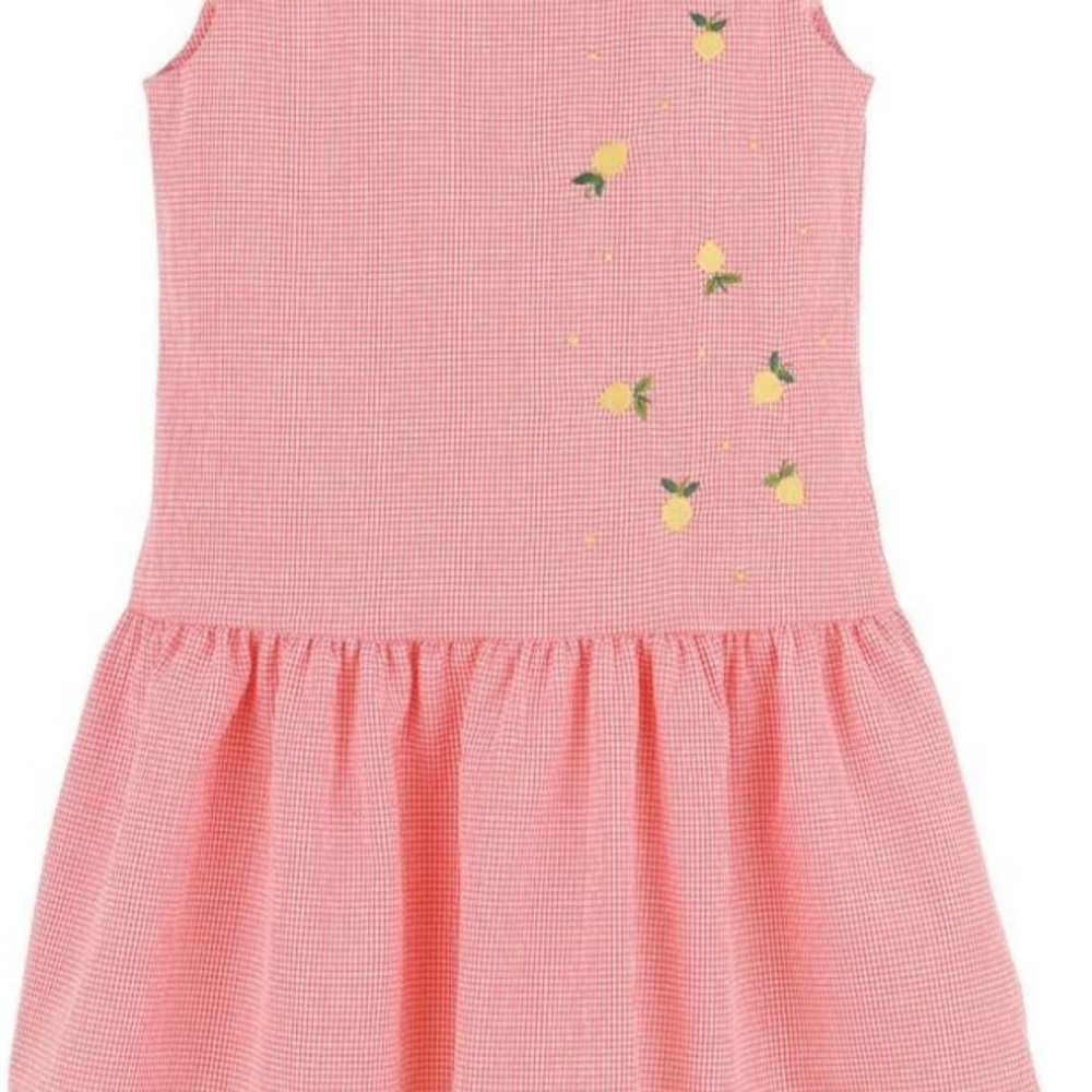 Brand New Girls Orange Gingham Dress with Lemon Embroidery
